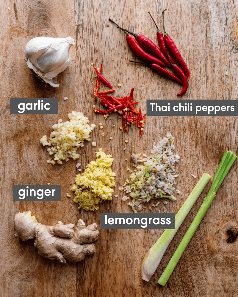 minced garlic ginger lemongrass chili peppers with text