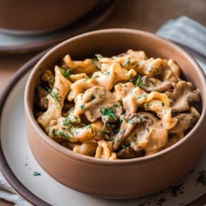 mushroom pasta in a bowl