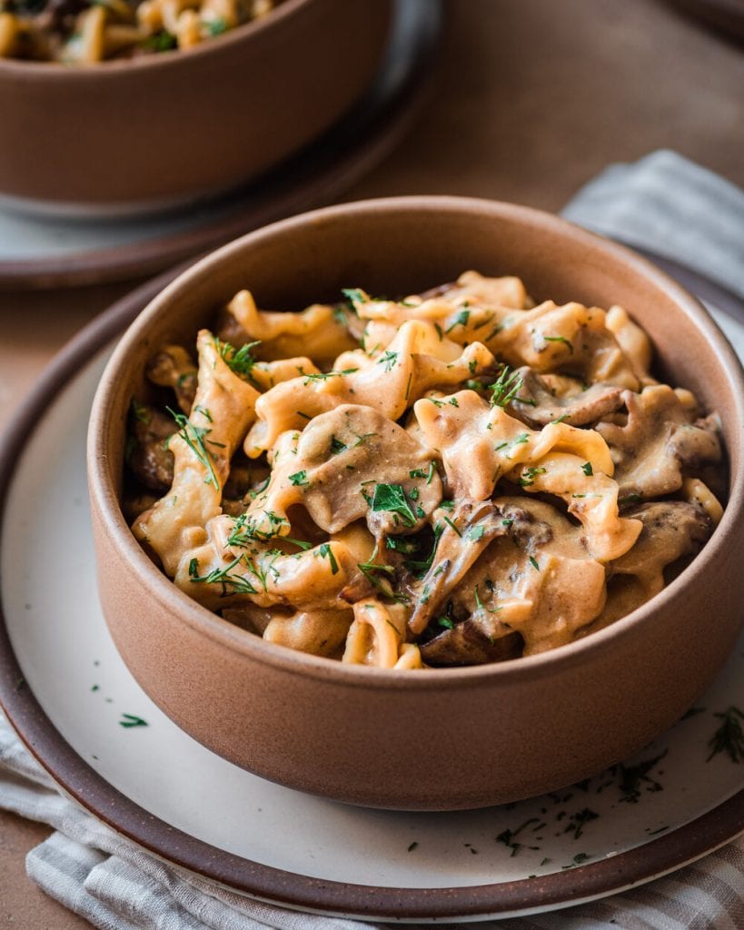mushroom pasta in a bowl