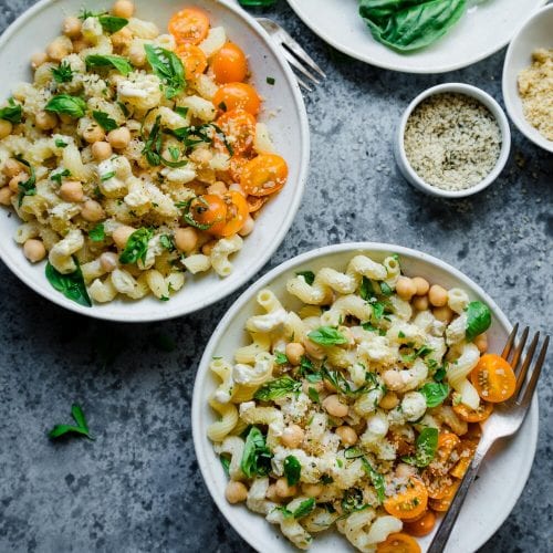 bowl of creamy pasta with chickpeas