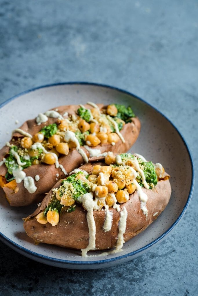 sweet potato stuffed with crispy pan-fried chickpeas