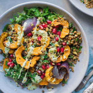 squash and lentil salad on a plate.