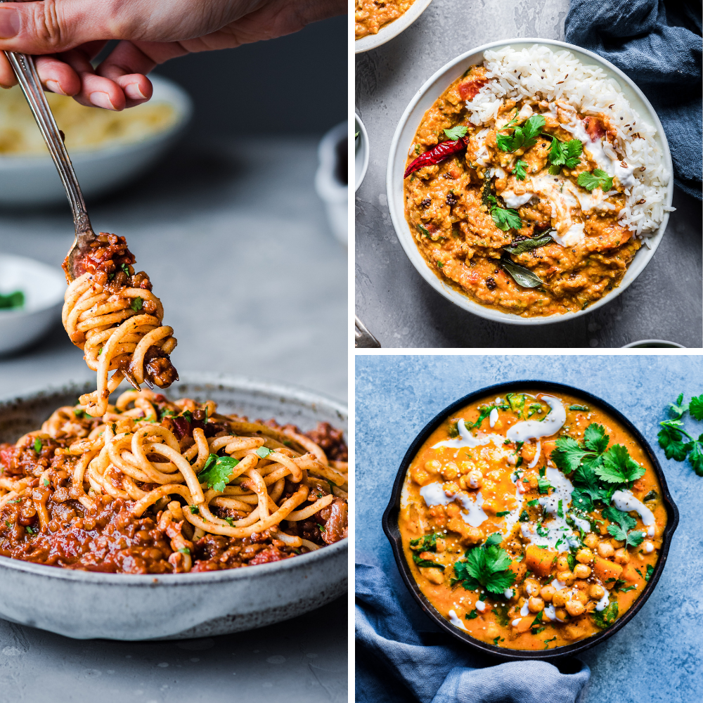 3 vegan recipes for veganuary - bolognese, dal, thai curry