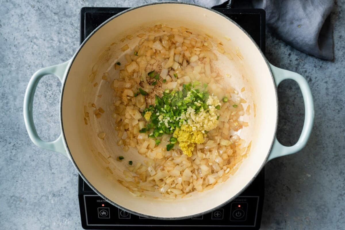 garlic, ginger and jalapeno added to sauteed onions.