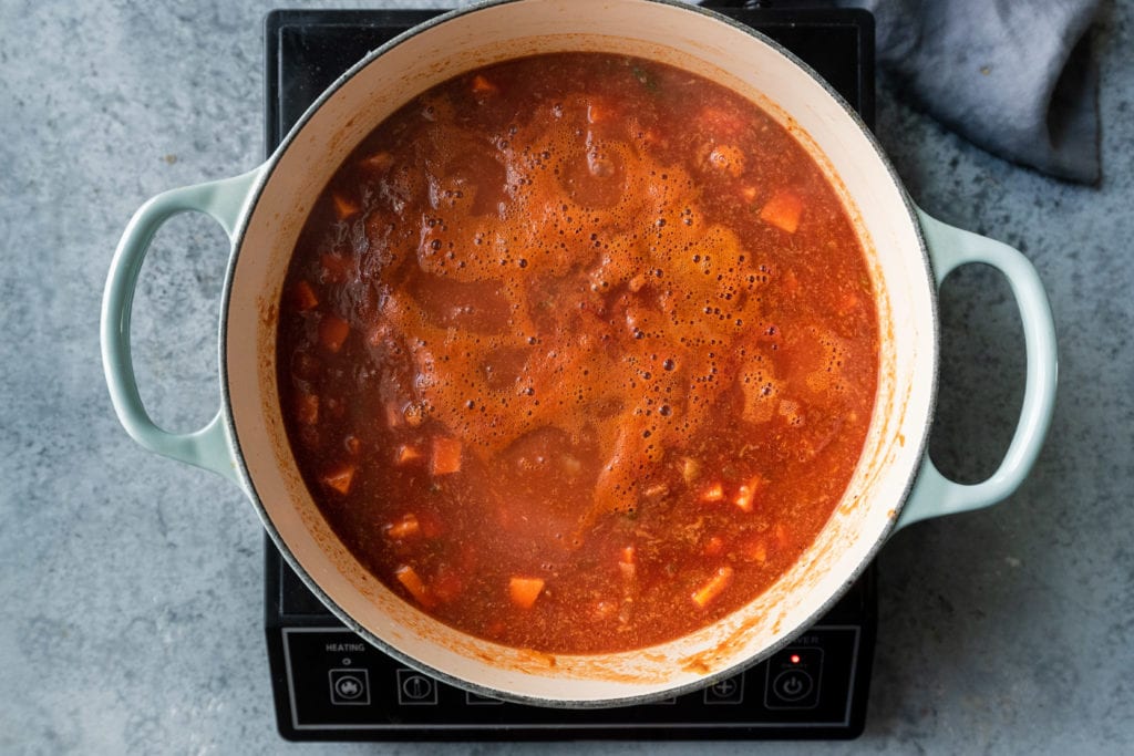 simmering stew in Dutch oven