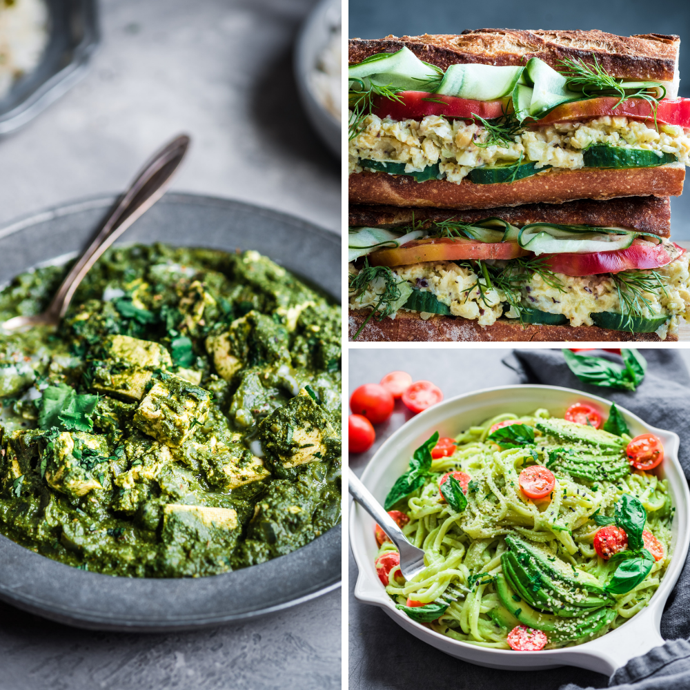 3 vegan recipes for veganuary: vegan palak paneer, vegan tuna sandwich, avocado pasta