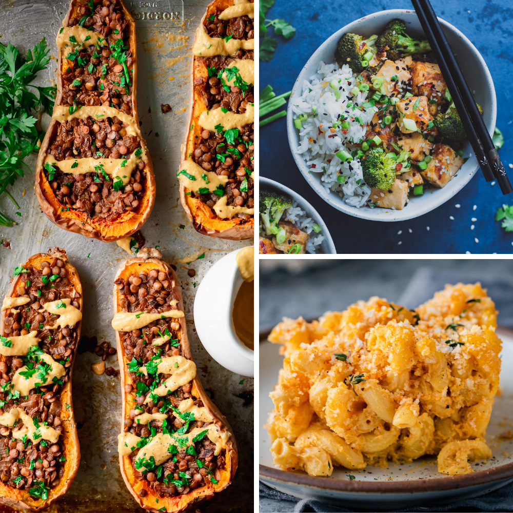 3 vegan recipes for veganuary: lentil stuffed squash, tofu and broccoli, baked mac and cheese