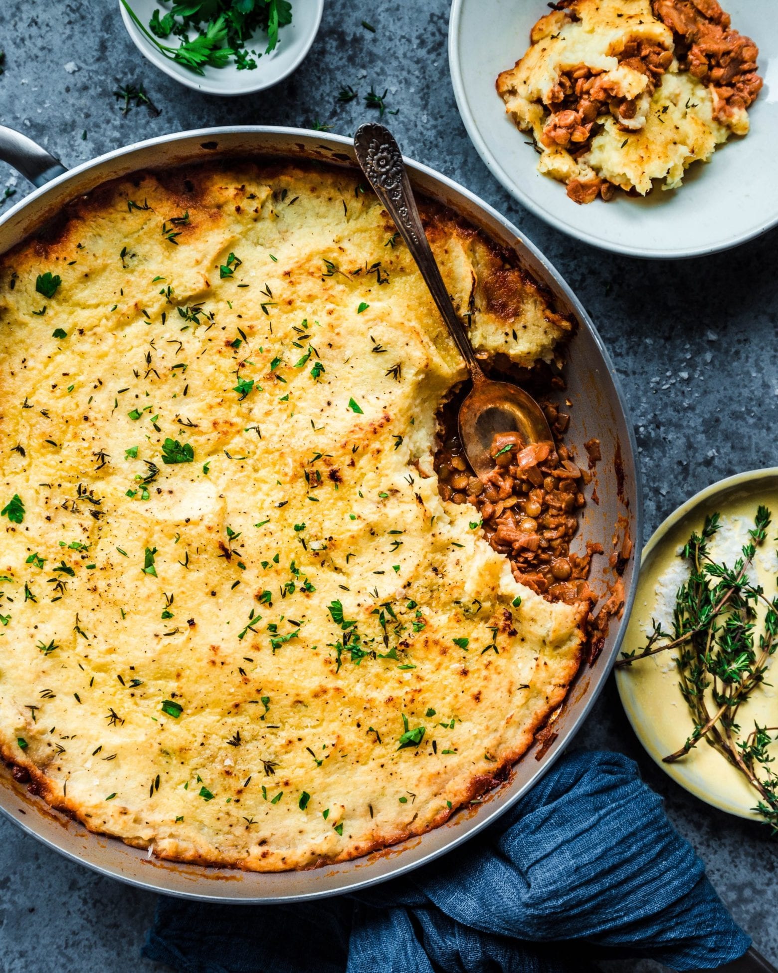 healthy vegan lentil shepherd's pie - flat lay in skillet