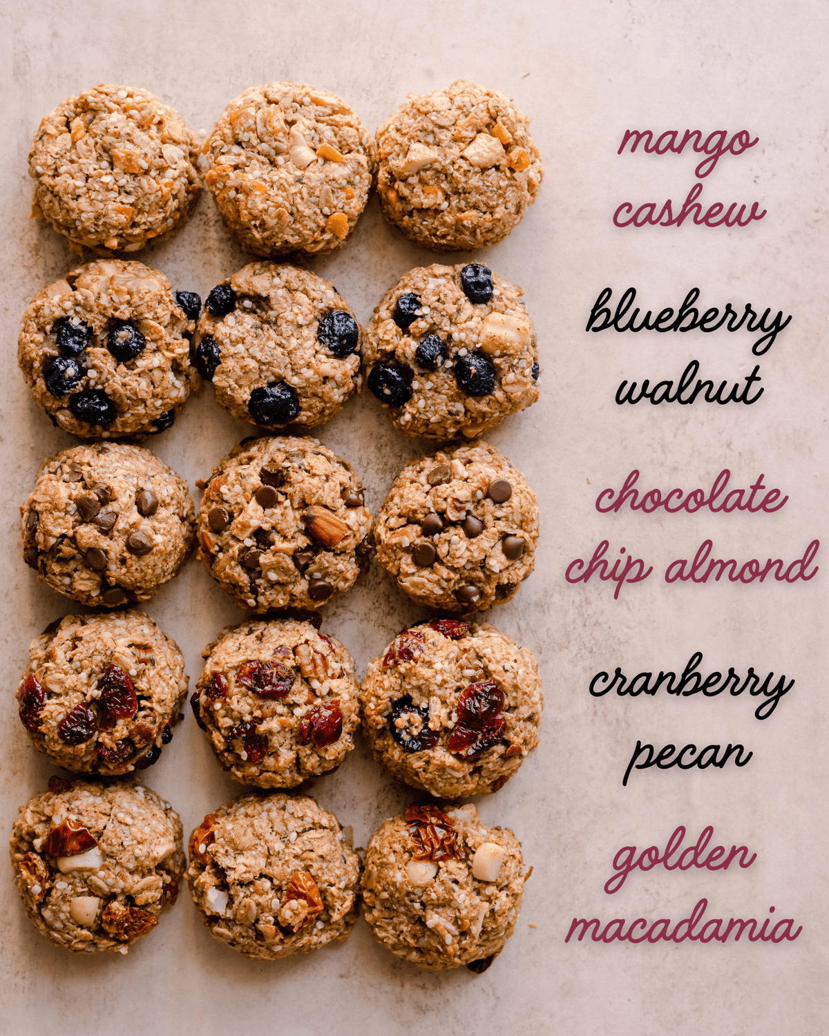 breakfast cookies lined up with names of cookie flavor variations