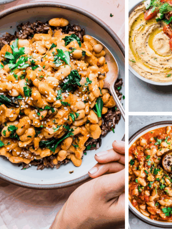 3 photos of bean dishes arranged on a grid