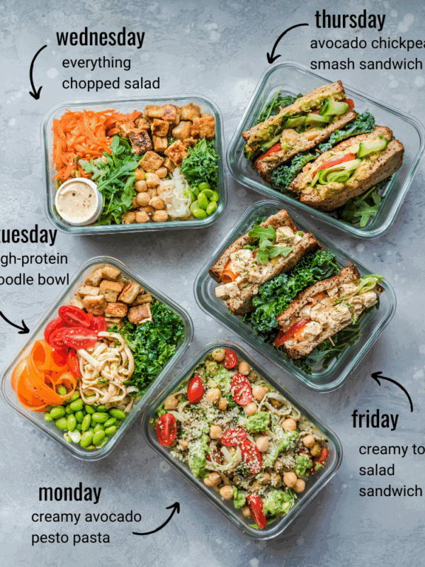 healthy vegan lunches for the week with text