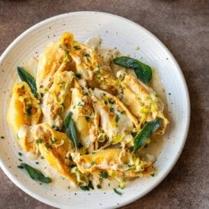 pumpkin ricotta stuffed jumbo shells on a speckled white plate, garnished with cream sauce and fried sage.