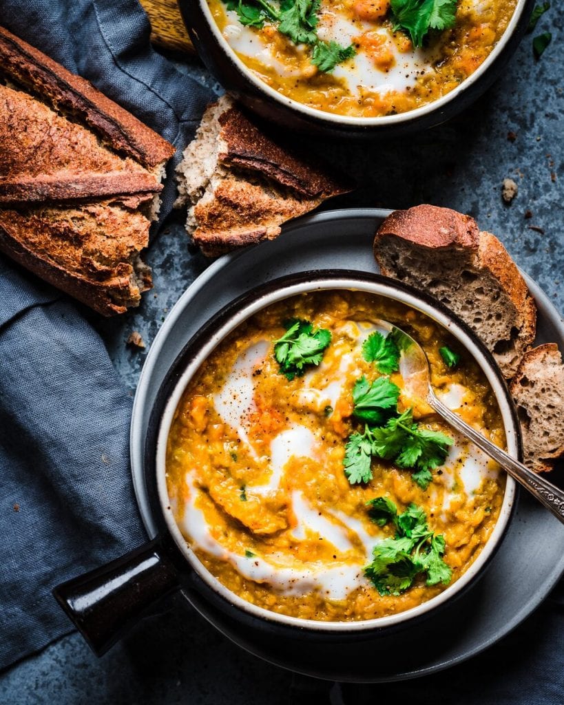 Indian-spiced red lentil sweet potato soup with bread