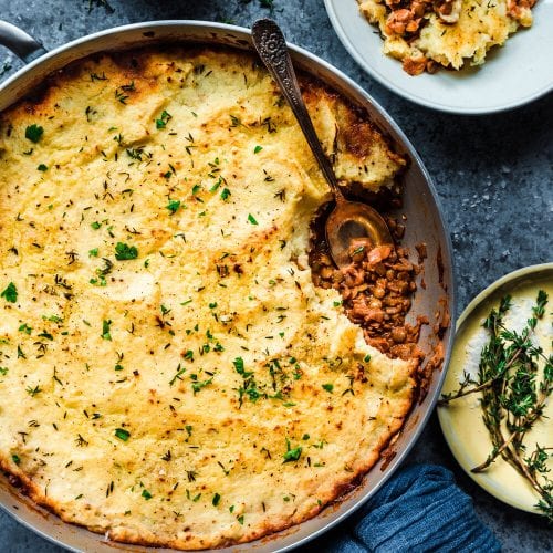 overhead shot of lentil shepherd's pie