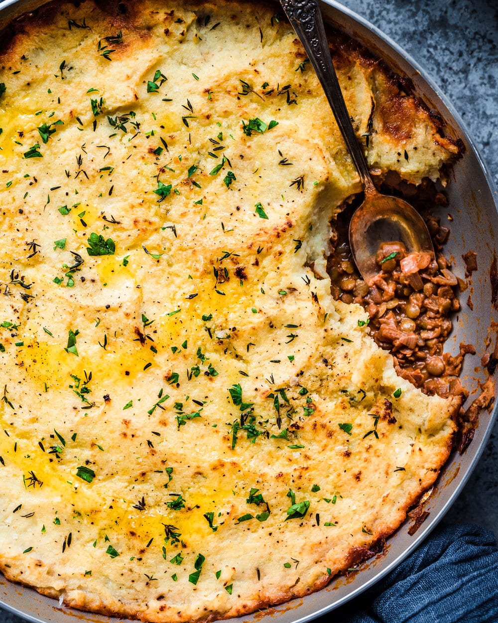 closeup of vegan shepherd's pie in a skillet