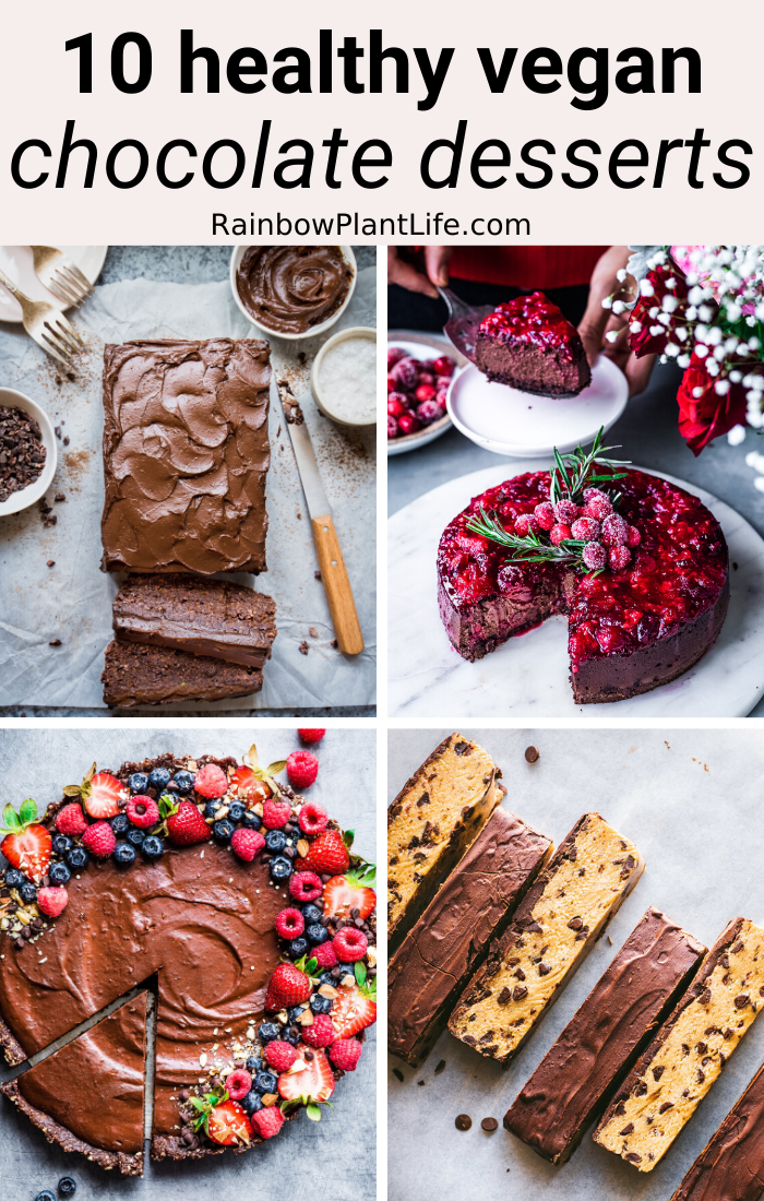 The words "10 healthy vegan chocolate desserts" above a grid of four desserts.