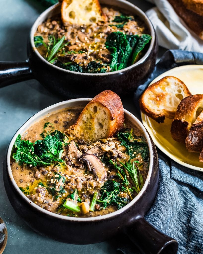 mushroom lentil kale stew - healthy vegan dinner recipes