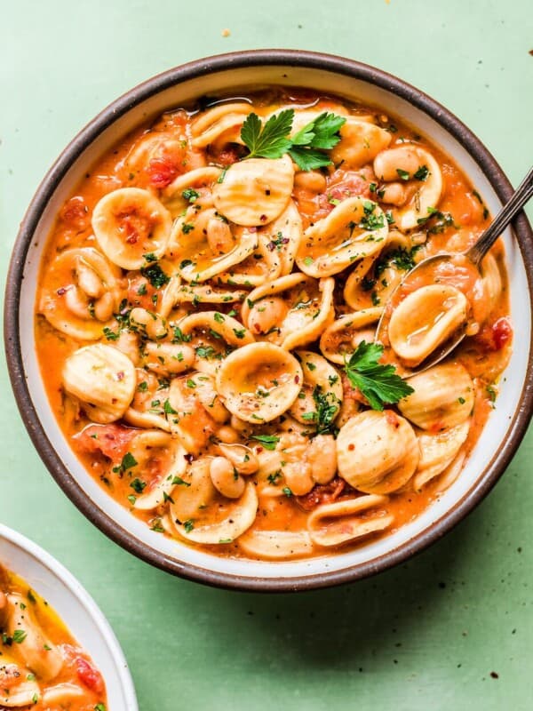 Italian white bean and pasta stew in a bowl.