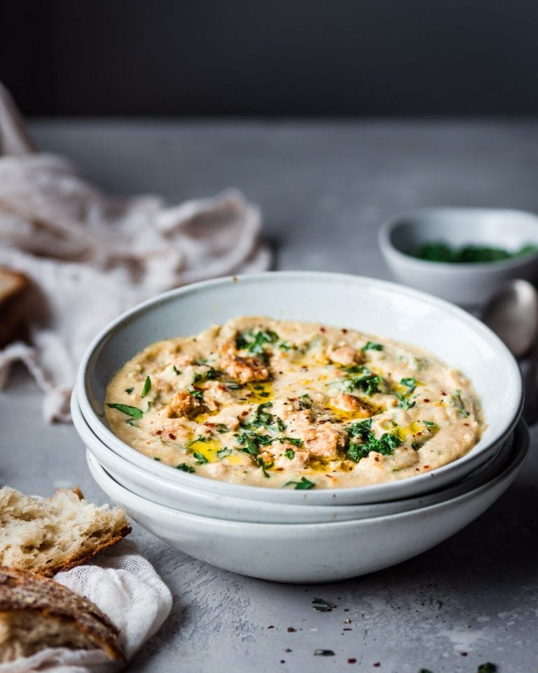 Creamy Vegan Cauliflower Soup with Sausage and Kale - Rainbow Plant Life