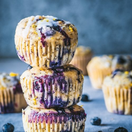 stack of Vegan Blueberry Lemon Poppy Seed Muffins