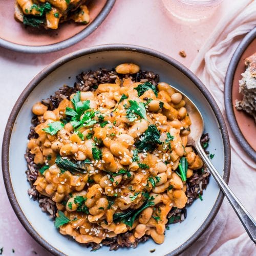 ceramic bowl on pink backdrop with creamy white beans and kale served over wild rice