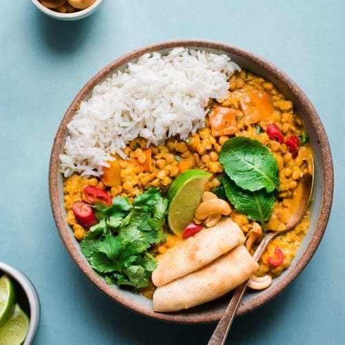 butternut squash lentil curry with Indian spices, cilantro, lime, and rice