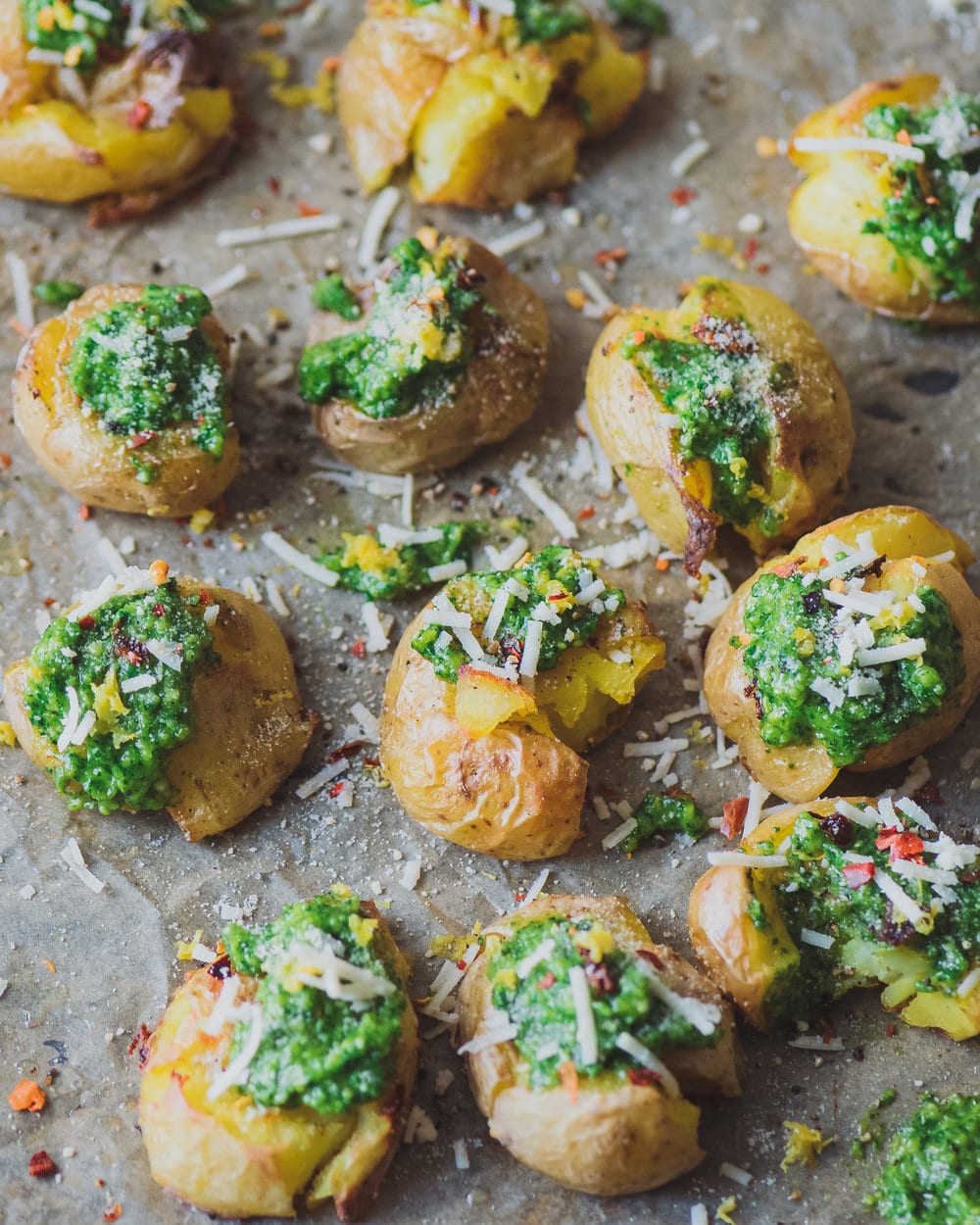Crispy Smashed Potatoes with Cilantro Pesto
