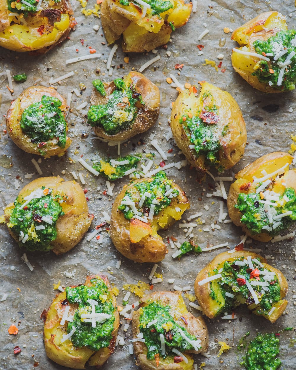 Crispy Smashed Potatoes with Cilantro Pesto