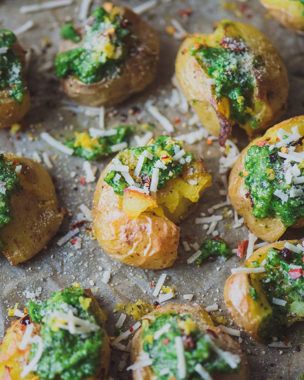 Crispy Smashed Potatoes with Cilantro Pesto