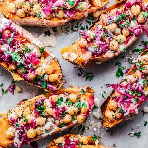 baked sweet potatoes stuffed with chickpeas, red cabbage, and za'atar