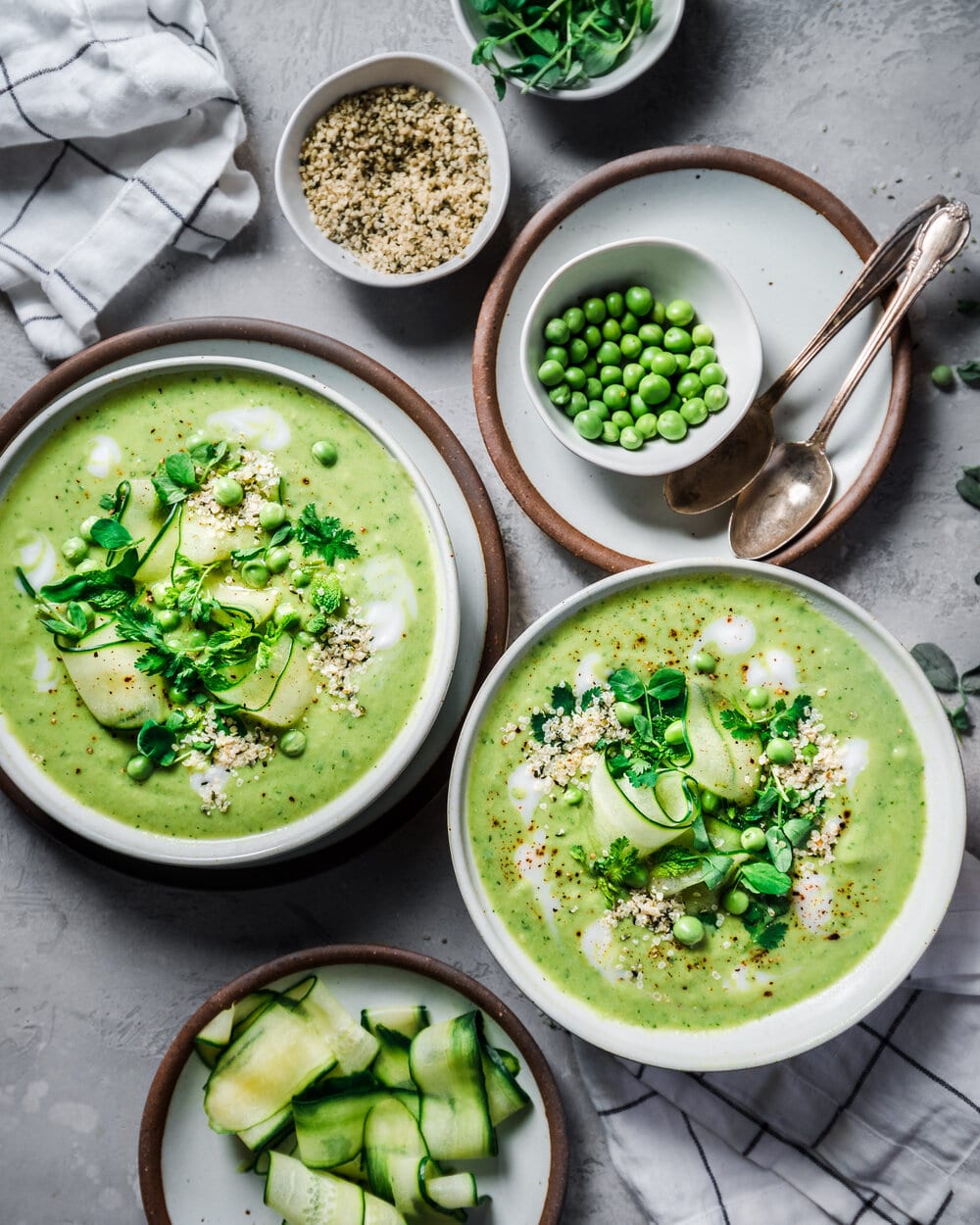 Creamy Avocado Pea Gazpacho. green goddess gazpacho. gazpacho food photography.