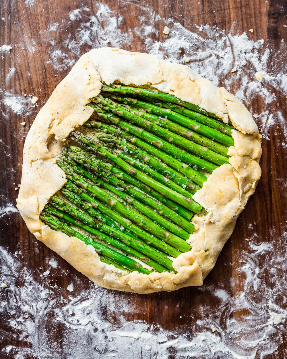 Dough folded over all sides of the asparagus.