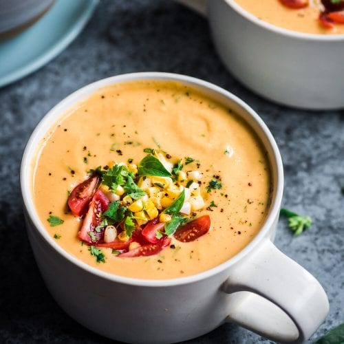 Vegan Instant Pot Corn Chowder. Corn chowder food photography.