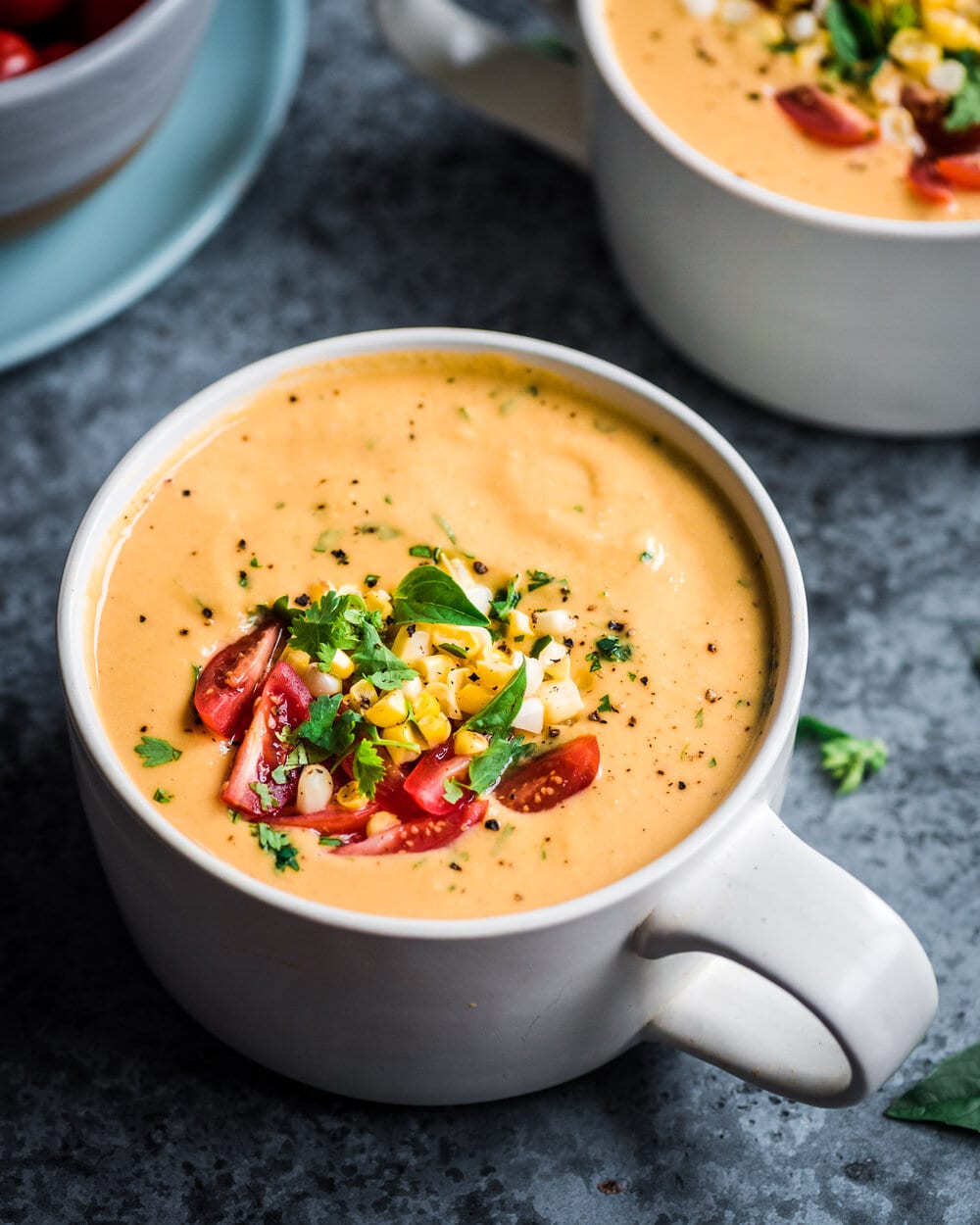 Vegan Instant Pot Corn Chowder in a mug.