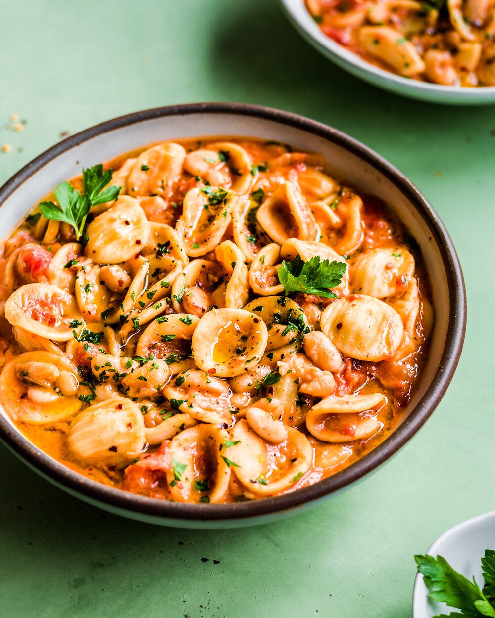 Vegan Italian White Bean and Pasta Stew. Pasta food photography.