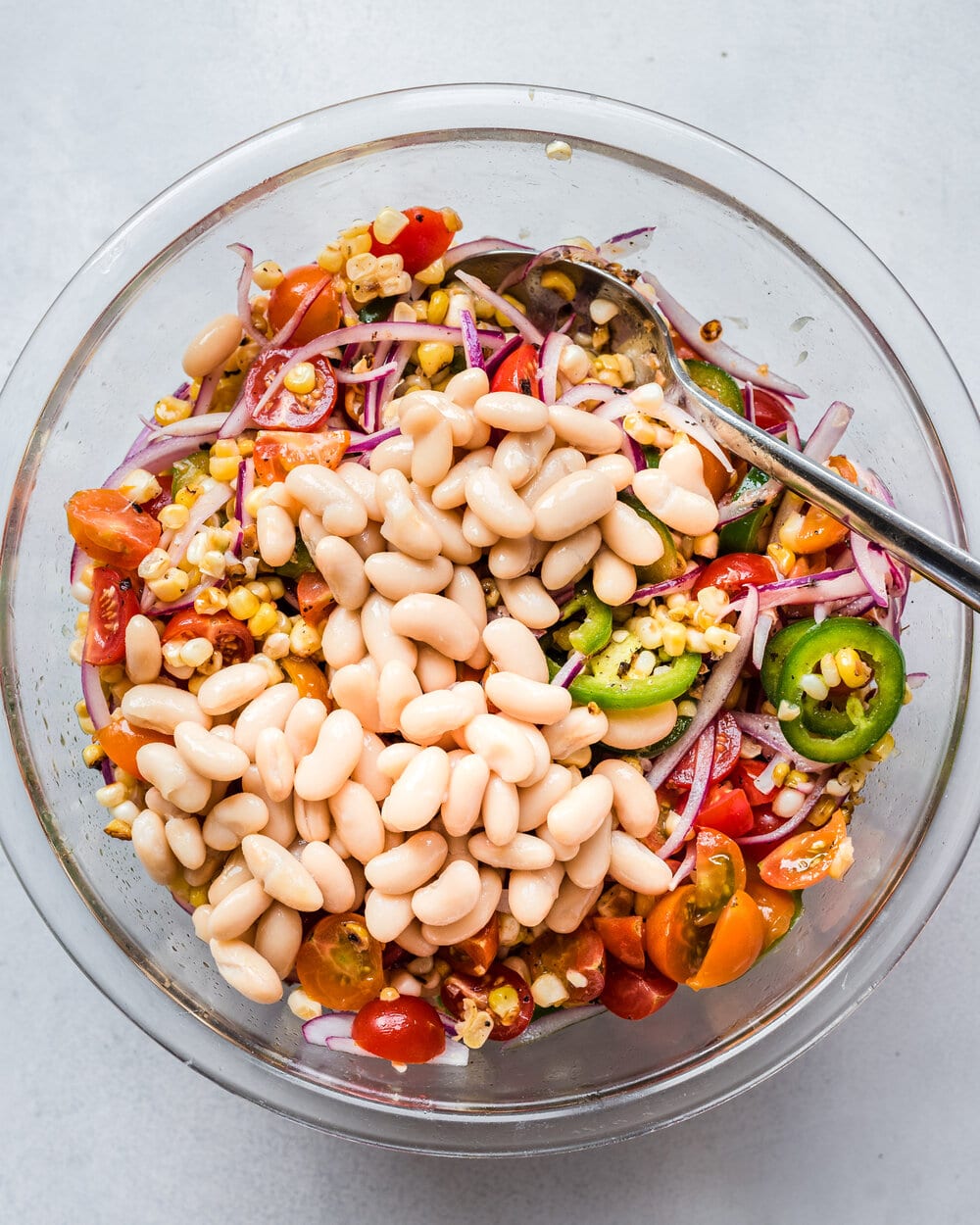 Charred corn salad with beans and avocado