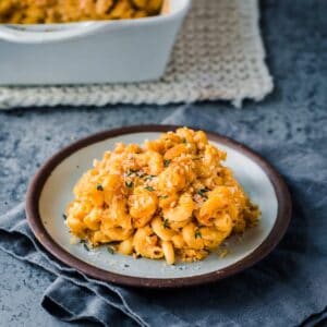 baked vegan mac and cheese on plate