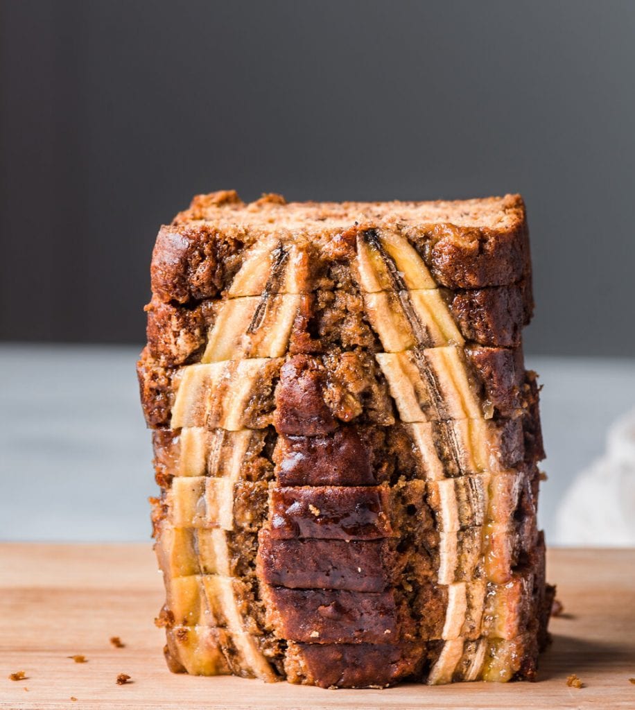 stacked slices of vegan banana bread, banana bread food photography