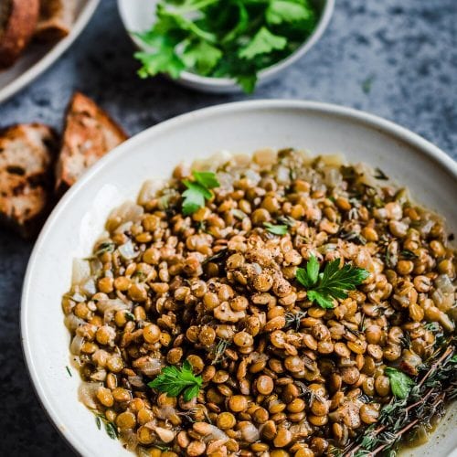 brown lentils cooked in the instant pot with parsley