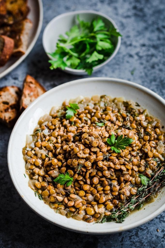 brown lentils cooked in the instant pot with parsley