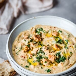 Creamy Vegan Cauliflower Soup with Sausage and Kale