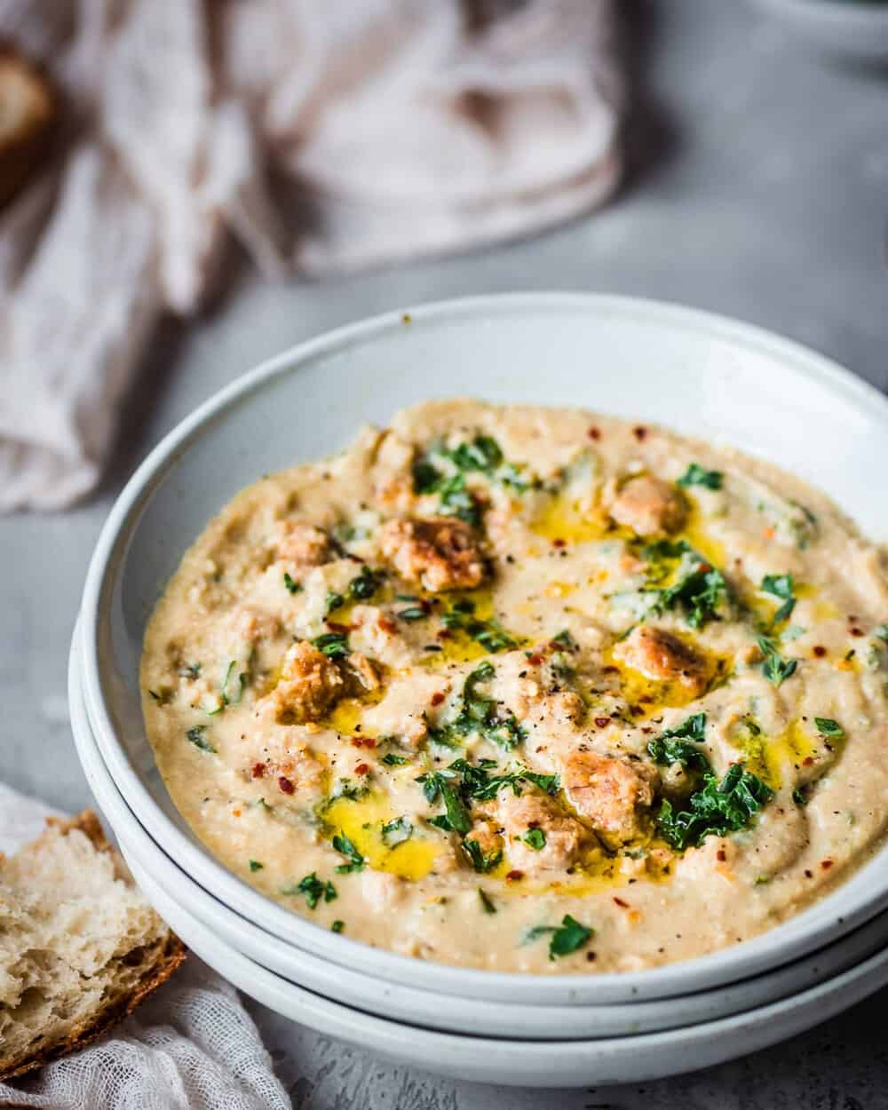 Creamy Vegan Cauliflower Soup with Sausage and Kale