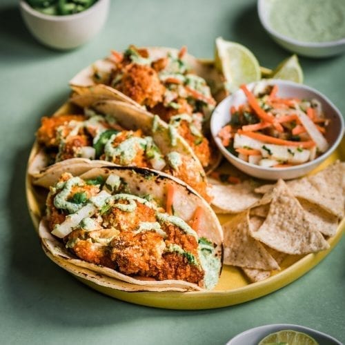 Crispy Spicy Cauliflower Tacos with Jicama-Carrot Slaw