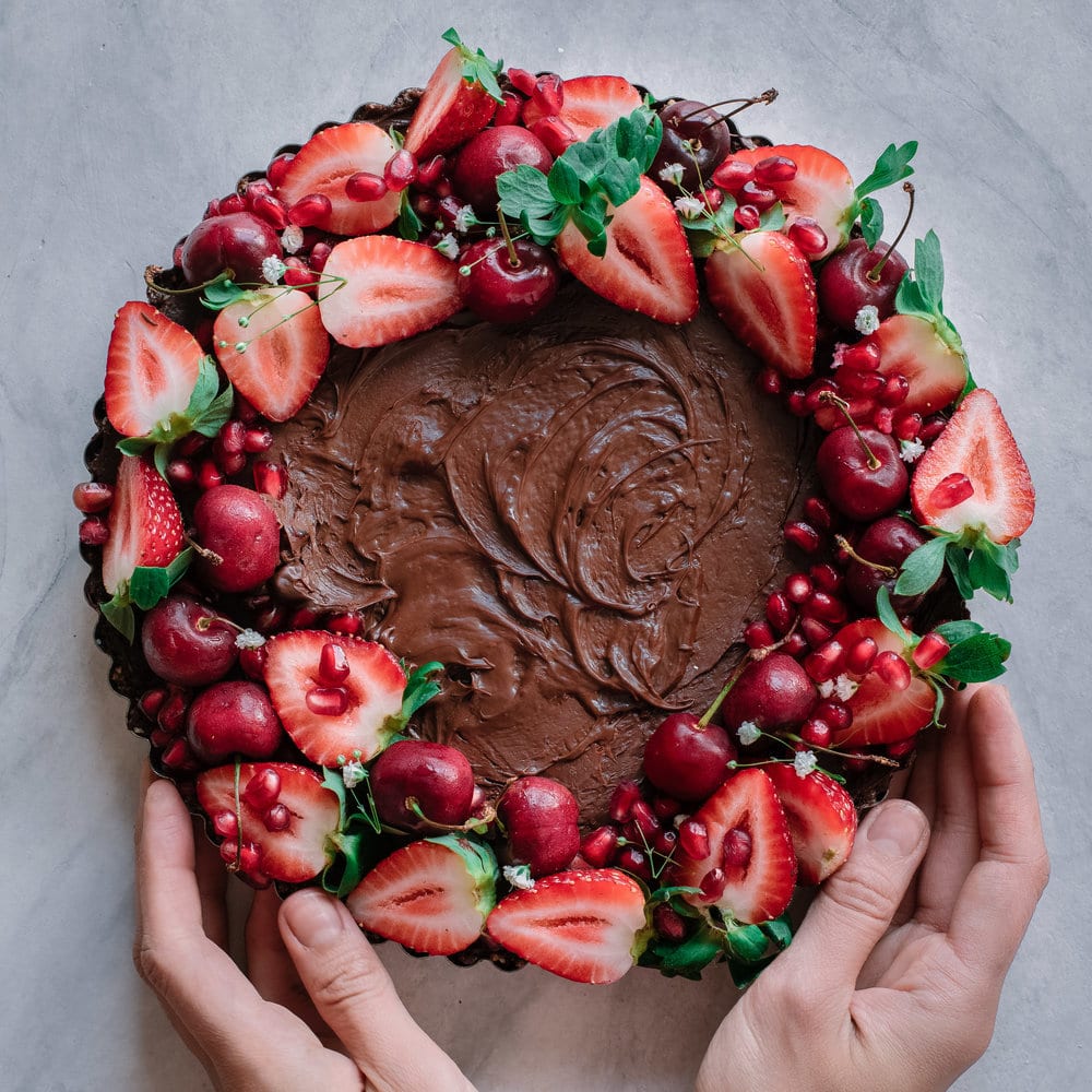 Vegan salted caramel dark chocolate tart