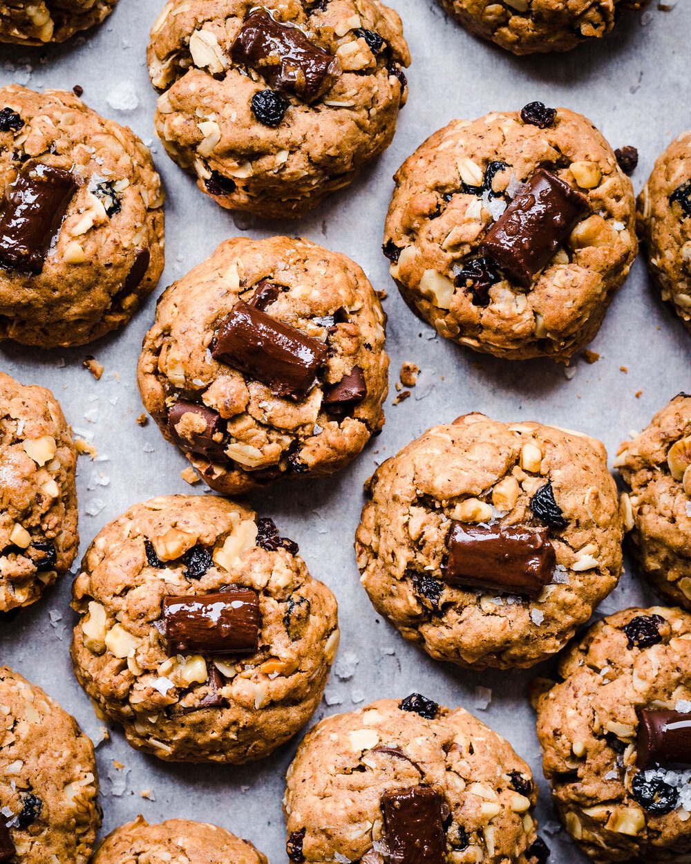 Close up of lots of cookies on a piece of parchment paper.