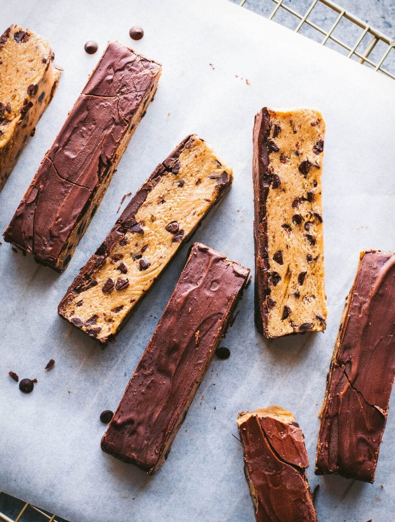 no-bake cookie dough bars on parchment paper