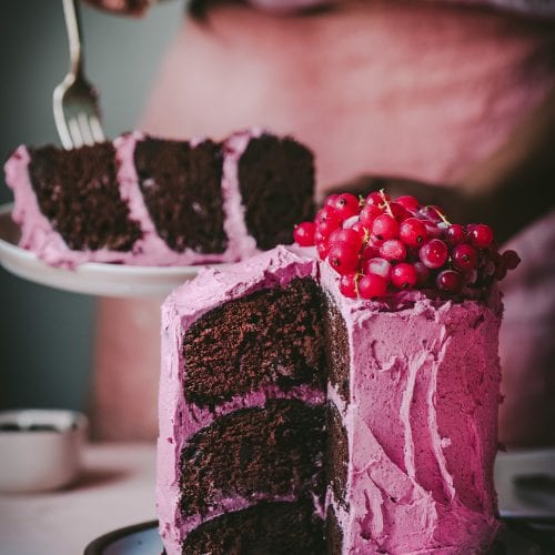 Vegan Chocolate Layer Cake with Hibiscus Frosting