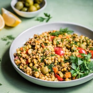 bowl of pearl couscous and lentil salad with tomatoes, parsley, and olive
