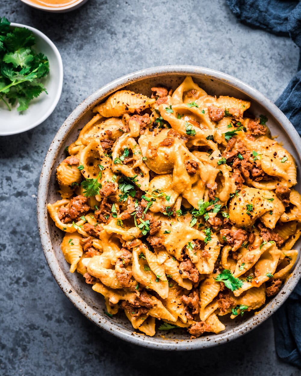 Creamy Chipotle Sweet Potato Pasta. vegan pantry pasta. Pasta food photography.
