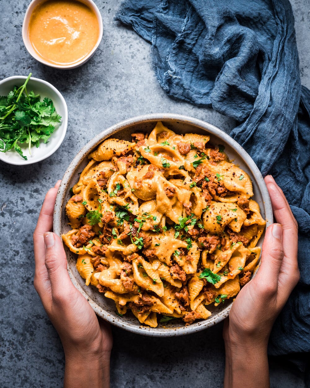 Creamy Chipotle Sweet Potato Pasta. vegan pantry pasta. Pasta food photography.